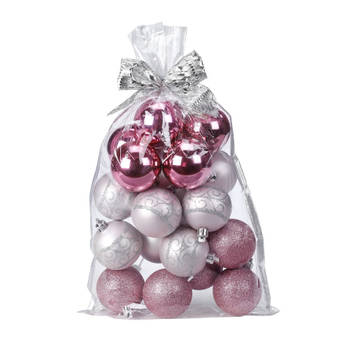 20x stuks kunststof kerstballen roze mix 6 cm in giftbag - Kerstbal
