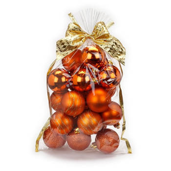 20x stuks kunststof kerstballen oranje/koper mix 6 cm in giftbag - Kerstbal