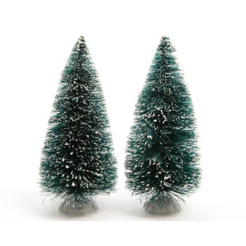 2x stuks kerstdorp onderdelen miniatuur kerstbomen groen 15 cm - Kerstdorpen