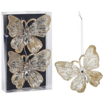 2x stuks decoratiehangers vlinders champagne/goud 15 cm - Kersthangers