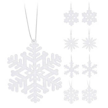 Kersthangers - 8 ST - sneeuwvlokken - wit - glitter - 10 cm - Kersthangers