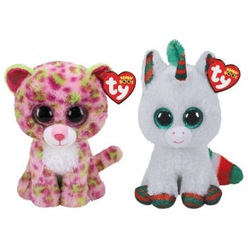 Ty - Knuffel - Beanie Boo's - Lainey Leopard & Christmas Unicorn