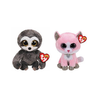 Ty - Knuffel - Beanie Boo's - Dangler Sloth & Fiona Pink Cat