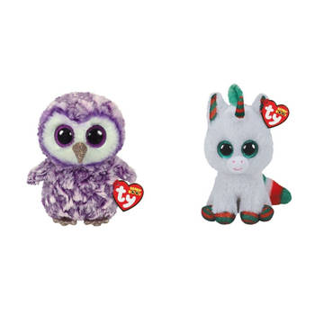 Ty - Knuffel - Beanie Boo's - Moonlight Owl & Christmas Unicorn