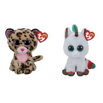 Ty - Knuffel - Beanie Boo's - Livvie Leopard & Christmas Unicorn