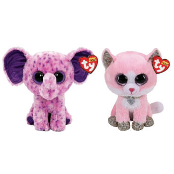 Ty - Knuffel - Beanie Boo's - Fiona Pink Cat & Eva Elephant