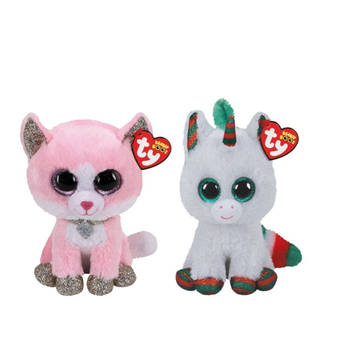 Ty - Knuffel - Beanie Boo's - Fiona Pink Cat & Christmas Unicorn