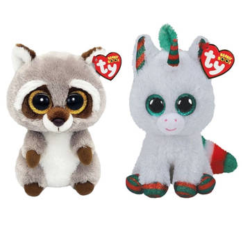 Ty - Knuffel - Beanie Boo's - Racoon & Christmas Unicorn
