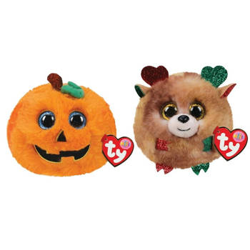 Ty - Knuffel - Teeny Puffies - Halloween Pumpkin & Christmas Reindeer