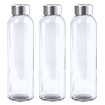 3x Stuks glazen waterfles/drinkfles transparant met Rvs dop 550 ml - Drinkflessen