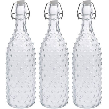 3x Glazen decoratie flessen transparant met beugeldop 1000 ml - Drinkflessen