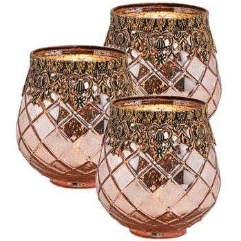 Set van 3x stuks glazen design windlicht/kaarsenhouder rose goud 13 x 14 x 13 cm - Waxinelichtjeshouders