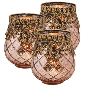 Set van 3x stuks glazen design windlicht/kaarsenhouder rose goud 9 x 10 x 9 cm - Waxinelichtjeshouders