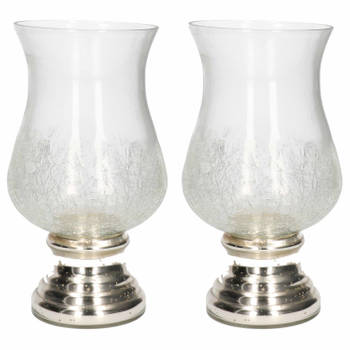 2x Craquele glazen kaarsenhouders voor theelichtjes/waxinelichtjes met zilveren voet 24 cm - Waxinelichtjeshouders