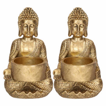 2x Decoratie boeddha beeldje met theelichthouder goud zittend 14 cm - Waxinelichtjeshouders