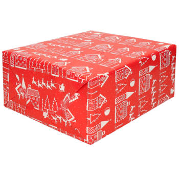 3x rollen kerst inpakpapier/cadeaupapier rood met huisjes 200 x 70 cm - Cadeaupapier