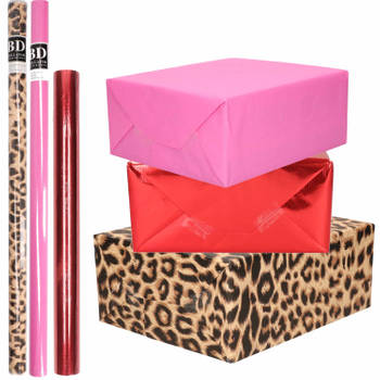 6x Rollen kraft inpakpapier pakket dierenprint/metallic rood en roze 200 x 70/50 cm - Cadeaupapier