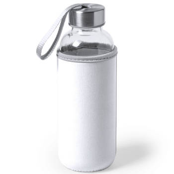 Glazen waterfles/drinkfles met witte softshell bescherm hoes 420 ml - Drinkflessen