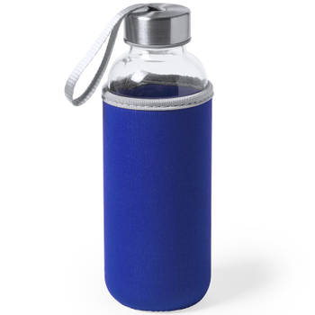 Glazen waterfles/drinkfles met blauwe softshell bescherm hoes 420 ml - Drinkflessen