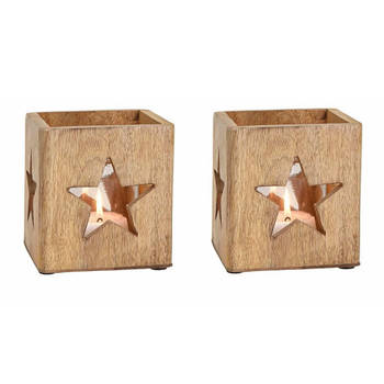 2x stuks houten windlichtje/theelichthouders met ster 12 cm - Waxinelichtjeshouders