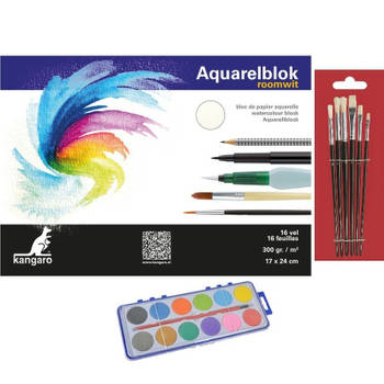 Hobby/knutselen verfset 12 kleuren op waterbasis en 7 kwasten en een aquarelblok/tekenblok 24 x 17 cm - Hobbyverf