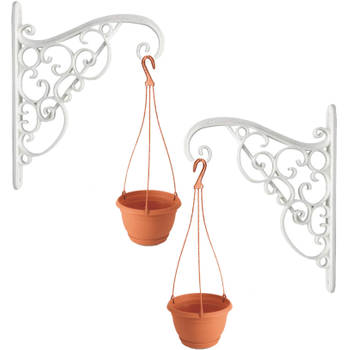 Set van 2x stuks witte Akant sierlijke bloempothanger met hangende terracotta bloempot 2 liter - Plantenpotten