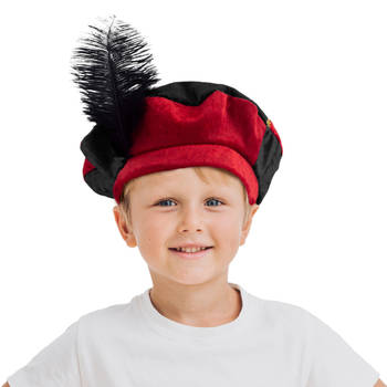 Luxe pietenmuts/baret rood/zwart voor kinderen - Verkleedhoofddeksels