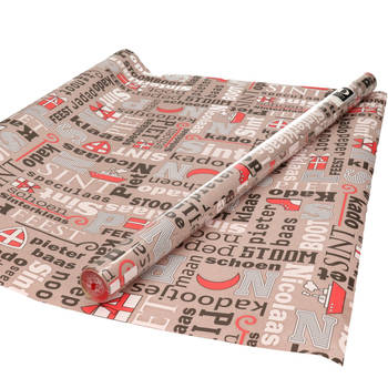 3x Rollen inpakpapier/cadeaupapier Sinterklaas print taupe/rood 2,5 x 0,7 meter 70 grams luxe kwaliteit - Cadeaupapier