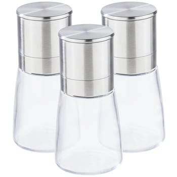 Set van 3x stuks kruidenmolen/pepermolen/zoutmolen RVS/glas transparant/zilver 13 cm - Peper en zoutstel