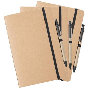 Set van 3x stuks natuurlijn schriftjes/notitieboekjes karton/zwart met elastiek A5 formaat - Schriften