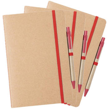 Set van 3x stuks natuurlijn schriftjes/notitieboekjes karton/rood met elastiek A5 formaat - Schriften