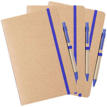 Set van 3x stuks natuurlijn schriftjes/notitieboekjes karton/blauw met elastiek A5 formaat - Schriften
