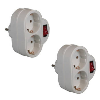 Pakket van 2x stuks witte stopcontact splitters dubbel met randaarde en schakelaar - Verdeelstekkers