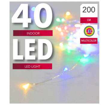 Verlichting lichtdraad zilver 40 gekleurde lampjes op batterijen 200 cm - Lichtsnoeren