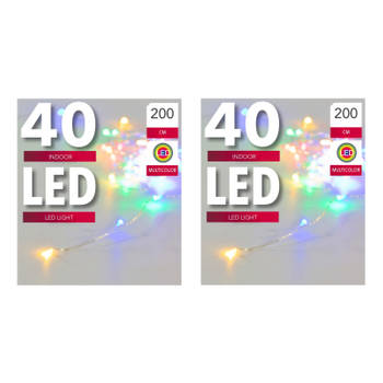 Set van 2x stuks verlichting lichtdraad zilver 40 gekleurde lampjes op batterijen 200 cm - Lichtsnoeren