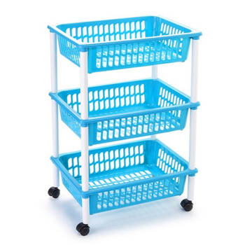 Opberg trolley/roltafel/organizer met 3 manden 40 x 30 x 61,5 cm wit/lichtblauw - Opberg trolley