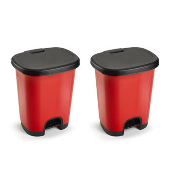 Set van 2x stuks kunststof afvalemmers/vuilnisemmers rood/zwart van 27 liter met pedaal - Pedaalemmers