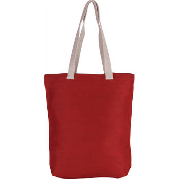 Katoenen schoudertasje in het rood met ecru hangsels 38 x 42 cm - Schoudertas