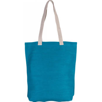 Katoenen schoudertasje in het turquoise blauw met ecru hangsels 38 x 42 cm - Schoudertas