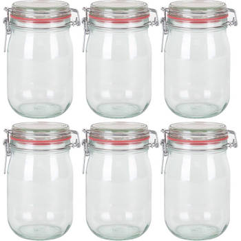 6x Glazen confituren pot/weckpot 1000 ml/1 liter met beugelsluiting en rubberen ring - Weckpotten