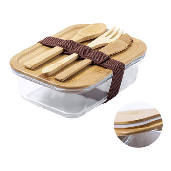 Bamboevezel lunchbox/broodtrommel met bestek 17 x 13 x 7 cm - Broodtrommels