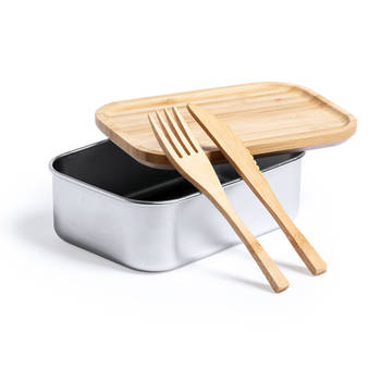 Lunchbox/broodtrommel met bestek - bamboe/rvs - 16 x 11 x 5.6 cm - Broodtrommels