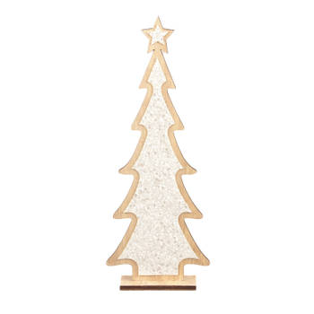 Kerstdecoratie houten kerstboom glitter wit 35,5 cm - Houten kerstbomen