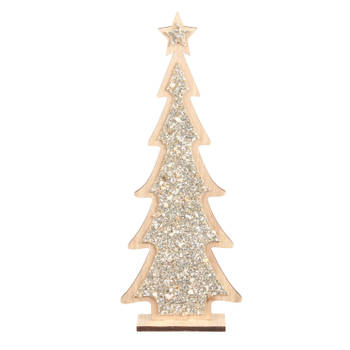 Kerstdecoratie houten kerstboom glitter zilver 35,5 cm decoratie kerstbomen - Houten kerstbomen