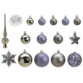 Pakket met 110x stuks kunststof kerstballen/ornamenten met piek grijs - Kerstbal