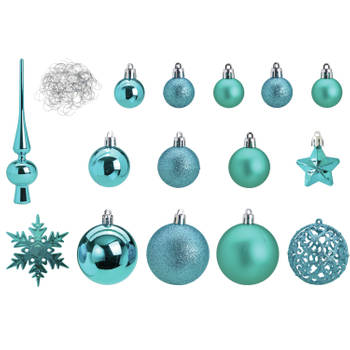 Pakket met 110x stuks kunststof kerstballen/ornamenten met piek turqouise - Kerstbal