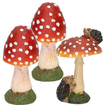 Decoratie paddenstoelen setje met 2x gewone paddestoel en 1x met een egeltje - Tuinbeelden