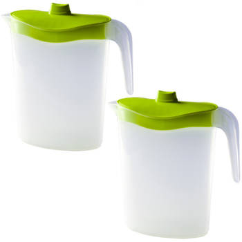 2x Smalle kunststof koelkast schenkkannen 1,5 liter met groene deksel - Schenkkannen