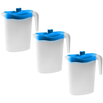 3x Kunststof schenkkannen 2,5 liter met blauwe deksel - Schenkkannen