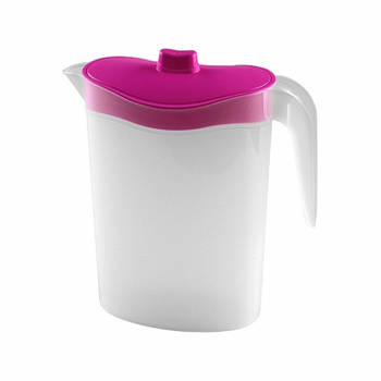 Smalle kunststof koelkast schenkkan 1,5 liter met roze deksel - Schenkkannen